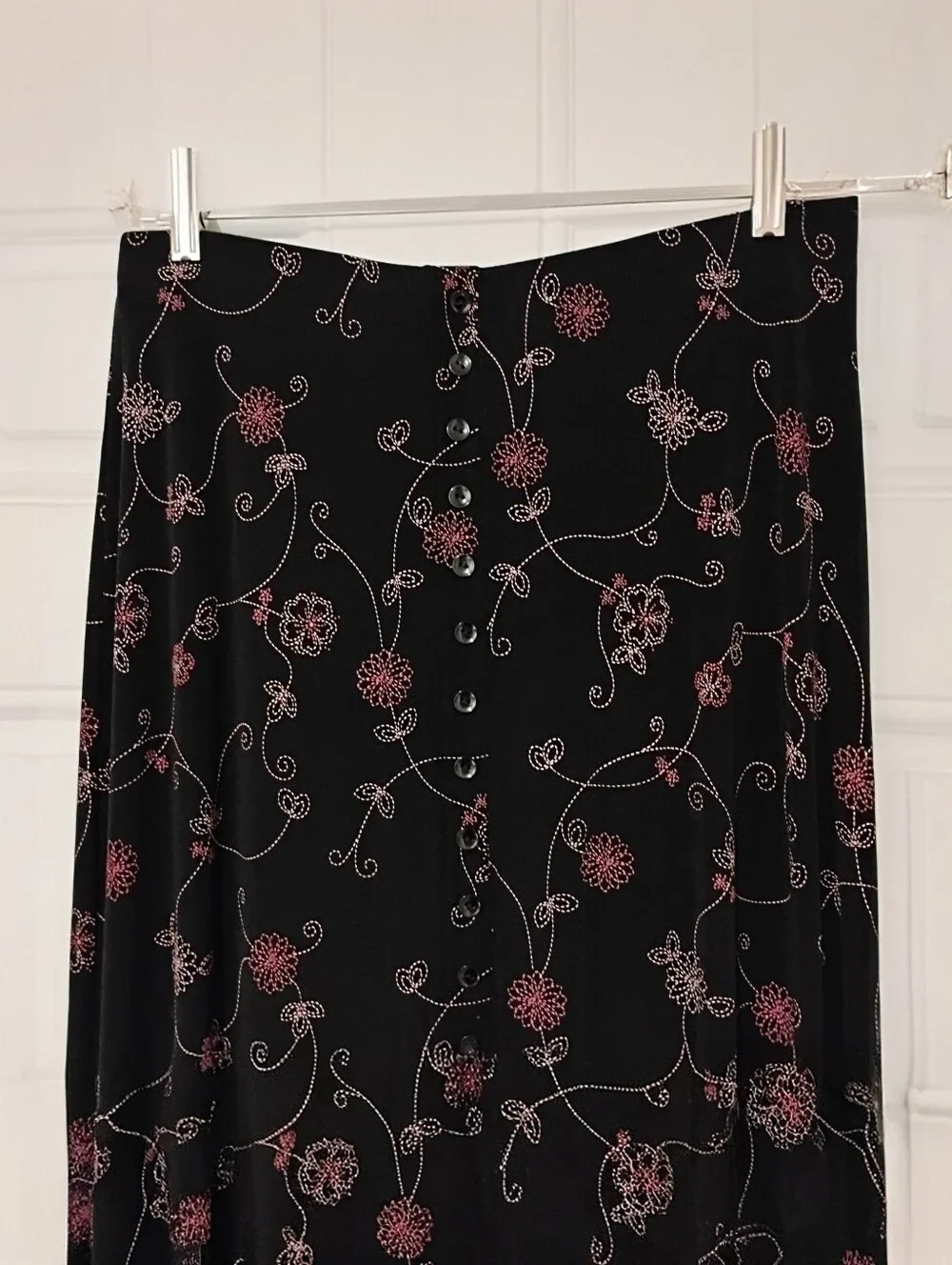 Slinky Maxi Skirt Vintage Black Pink Floral Faux Embroidery Button Front XL